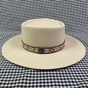 HomeTown Women's Wide Brim Wool Felt Western Cream Beige Cowgirl Hat Medium